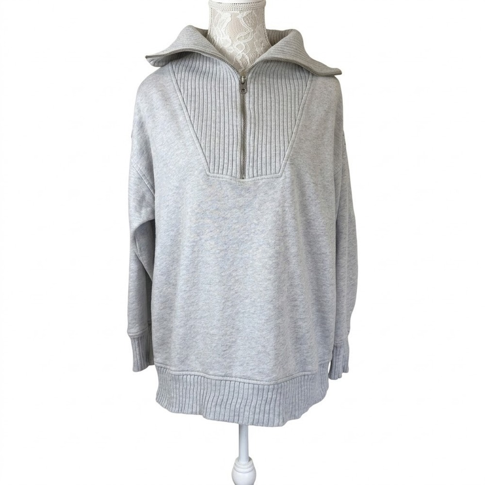 Aerie Ribbed Bib Quarter Zip Sweatshirt Womens XS Gray Oversized Pullover